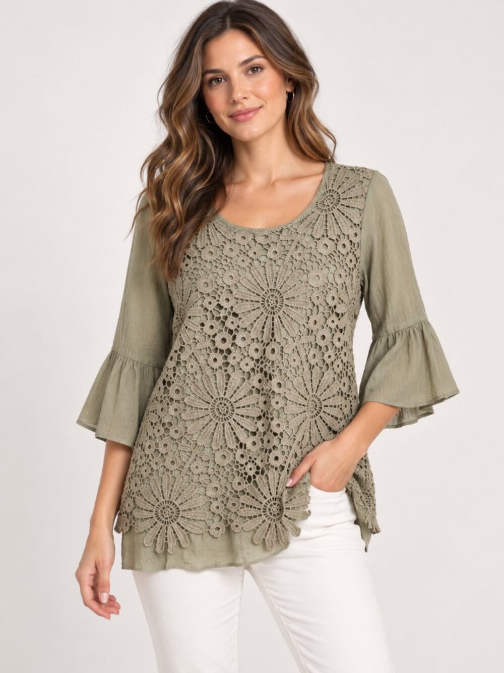 Boutique Sage Green Crochet Lace Tunic Top Size L Boho Bell Sleeve Sheer Overlay
